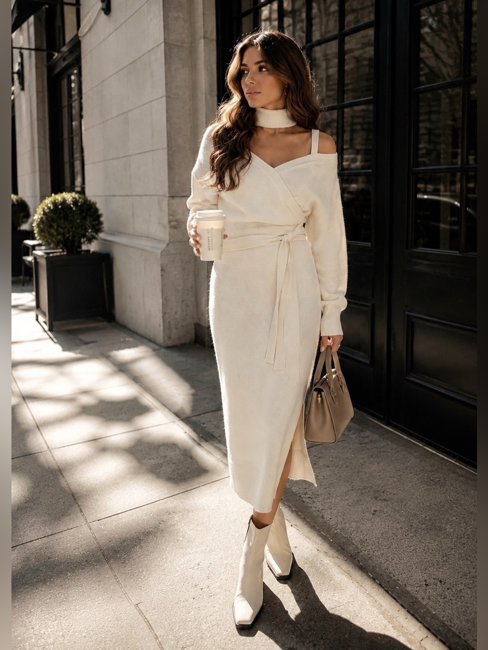 NWT Jonathan Simkhai 100% Cashmere Off Shoulder Belted Midi Dress in Ivory Sz S